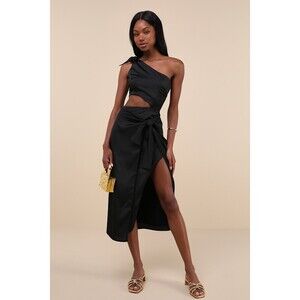 Lulus Vacay Beauty Black One-shoulder Tie-strap Midi Dress - Size L